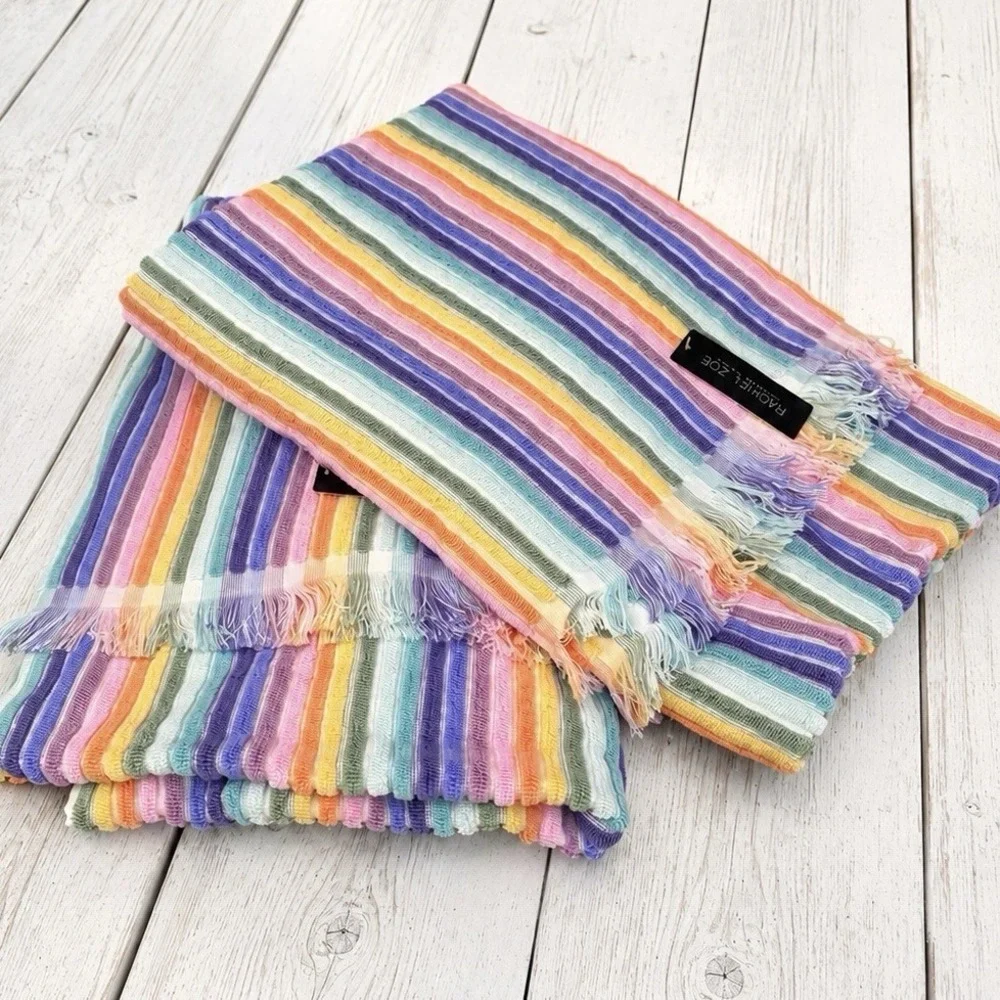 Rachel Zoe Set Of 2 Viral Rainbow Stripe Beach Towels 100% COTTON NWT Retro Boho